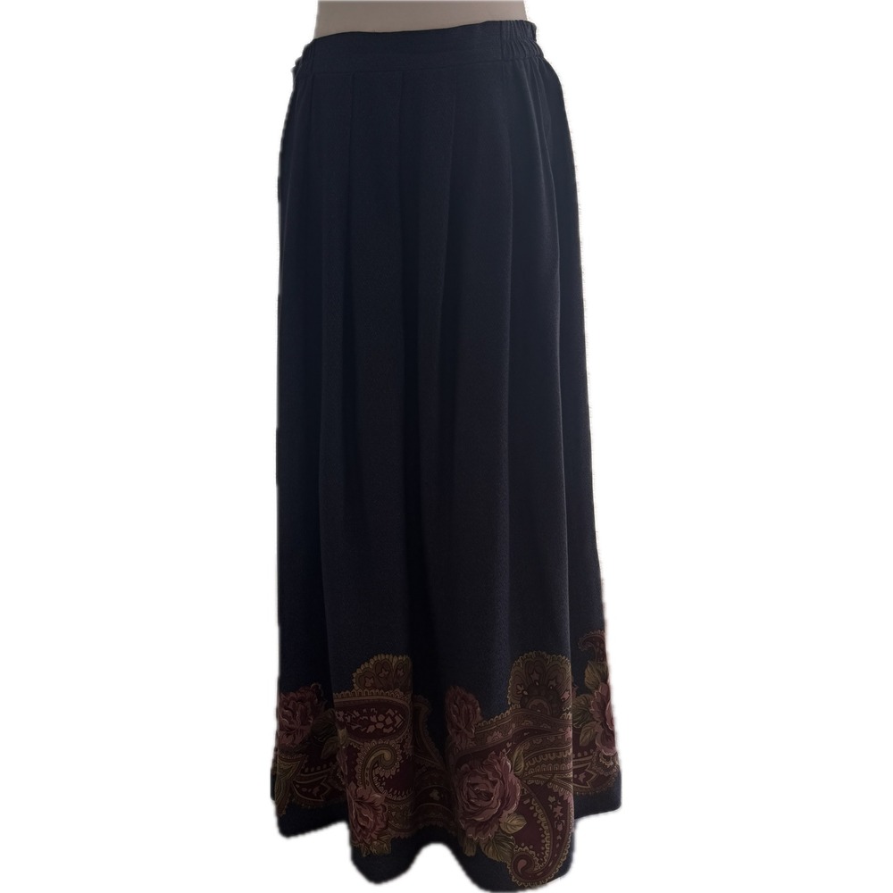 Worthington Vintage Blue Floral Paisley Border Print Maxi Skirt Rayon Pleated 12